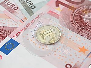 One ruble coin of the euro banknotes