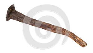 One rusty old big nail on white background.