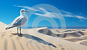 One seagull flying over rippled sand dunes, tranquil beauty generated by AI