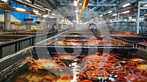 In one section massive tanks hold live crustaceans such as crabs and lobsters ready to be cooked and processed