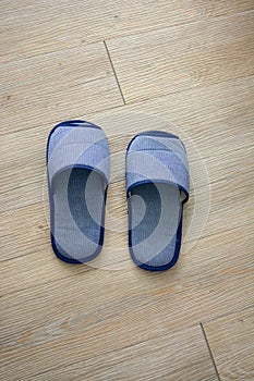 One set of house slippers on the wooden floor.