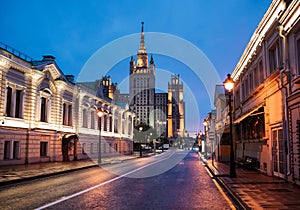 One of the Seven Sisters building at dusk in Moscow, Russia