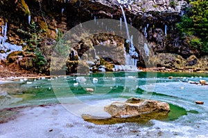 Frozen pond of water in the winter