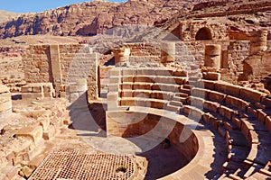 Roman columns of the Great temple complex in Petra Rose City, Jordan. The city of Petra was lost for over 1000 years.