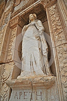 One of the several statues on the front of the celebrated library at Ephesus