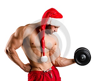 One sexual strong young new year man with muscular body in red and white christmas santa coat
