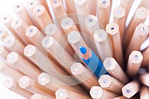 One sharpened blue pencil among many ones