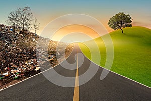 One side of the road shows the green tree on green mountains, and the other side shows dead trees on mountains of trash