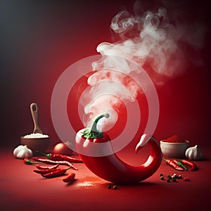 one single Chili pepper steaming hot smoke on red background