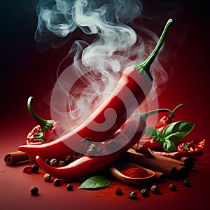 one single Chili pepper steaming hot smoke on red background