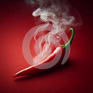 one single Chili pepper steaming hot smoke on red background