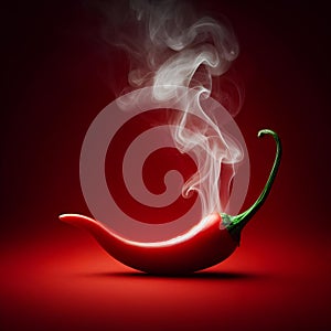 one single Chili pepper steaming hot smoke on red background