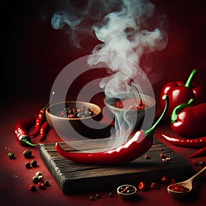 one single Chili pepper steaming hot smoke on red background