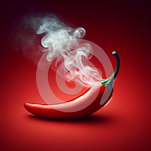 one single Chili pepper steaming hot smoke on red background