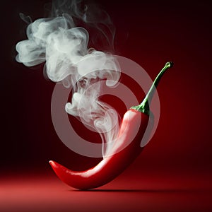 one single Chili pepper steaming hot smoke on red background