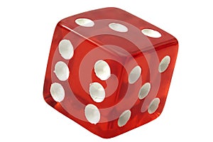 One single die used in the casino game of craps showing 3 on top isolated on white background with clipping path cutout concept