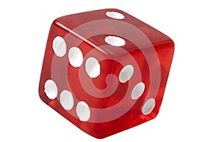 One single die used in the casino game of craps showing 2 on top isolated on white background with clipping path cutout concept