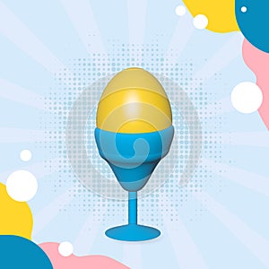 One single egg in eggcup on blue background. 3D illustration