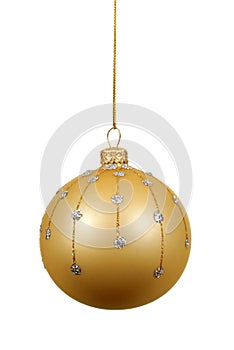 One single gold christmas ball or bauble with glass decoration isolated against white background