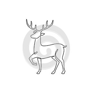 One single line drawing of adorable funny deer for company logo identity. Cute reindeer mammal animal mascot concept for public