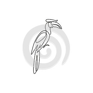 One single line drawing of adorable hornbill for zoo logo identity. Large size bird mascot concept for bird lover club icon.