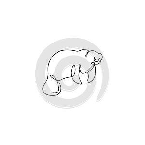 One single line drawing of adorable manatee for foundation logo identity. Herbivorous marine mammals mascot concept for sea world