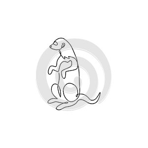 One single line drawing of adorable meerkat for company logo identity. Suricata suricatta animal mascot concept for national zoo