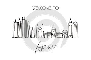 One single line drawing of Atlanta city skyline, United States. Historical town landscape. Best holiday destination wall decor