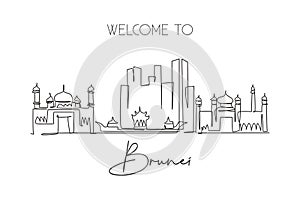 One single line drawing of Bandar Seri Begawan city skyline, Brunei Darussalam. Town landscape in the world. Best holiday