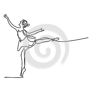 One single line drawing beautiful woman ballerina. Pretty ballet dancer show dance motion style. Character female dancing on stage