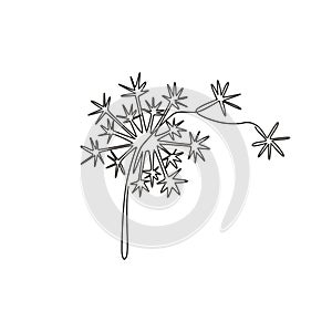 One single line drawing of beauty fresh taraxacum for garden logo. Printable decorative dandelion flower for home decor wall art