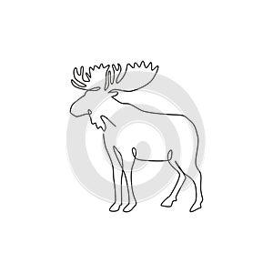 One single line drawing of big moose for logo identity. Mammal animal with horn mascot concept for national park icon. Continuous