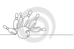 One single line drawing of bowling pins falling apart hit by bowling ball at alley lane graphic vector illustration. Leisure