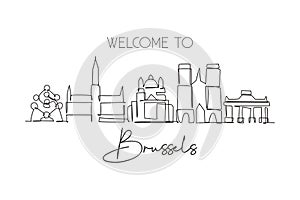 One single line drawing of Brussels city skyline, Belgium. Historical skyscraper landscape in world. Best holiday destination home