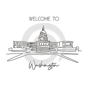 One single line drawing Capitol Hill landmark. World famous place in Washington DC, USA. Tourism travel postcard wall decor home