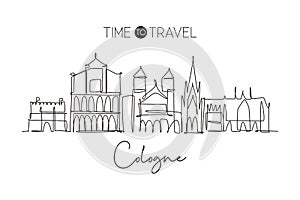 One single line drawing of Cologne city skyline. Historical city skyscraper landscape. Best destination holiday vacation home