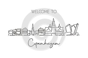 One single line drawing Copenhagen city skyline, Denmark. Historical town landscape in world. Best holiday destination wall decor