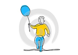 One single line drawing of a cute boy holding a balloon. Happy little child playing air balloon in the playground while jump hand