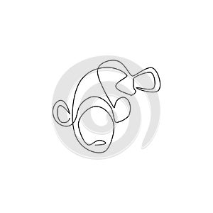 One single line drawing of cute clown fish for aquarium tank logo identity. Anemone fish mascot concept for under sea world icon.