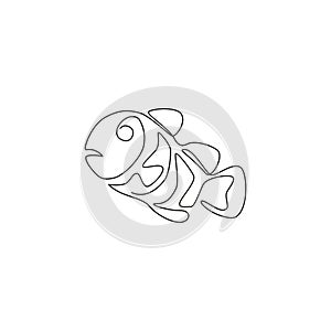 One single line drawing of cute clownfish for aquatic logo identity. Stripped anemone fish mascot concept for sea world icon.