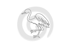 One single line drawing of cute heron bird vector illustration. Protected species national park conservation. Safari zoo concept.