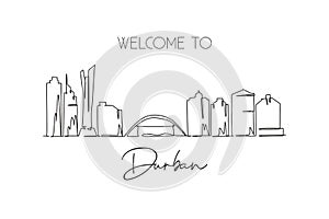 One single line drawing of Durban city skyline, South Africa. World historical town landscape wall decor poster print. Best
