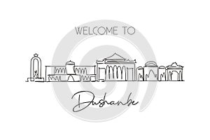 One single line drawing of Dushanbe city skyline, Tajikistan. World historical town landscape. Best holiday destination postcard.