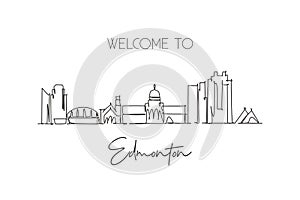 One single line drawing of Edmonton city skyline, Canada. World historical town landscape. Best place holiday destination home