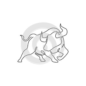 One single line drawing of elegance buffalo for conservation national park logo identity. Big strong bull mascot concept for rodeo