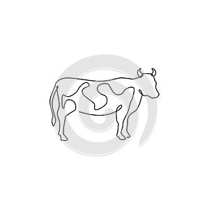 One single line drawing of fat cow for husbandry logo identity. Mammal animal mascot concept for livestock icon. Continuous line