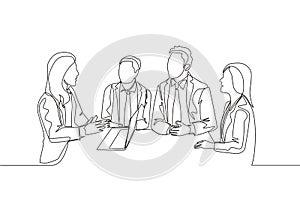 One single line drawing of female trainer coaching about business plan and business organization to young CEO at the office