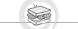 One single line drawing of fresh sandwich logo vector graphic art illustration. Hot dog fast food cafe menu and
