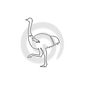 One single line drawing of giant running ostrich for logo identity. Flightless bird mascot concept for safari park icon. Modern