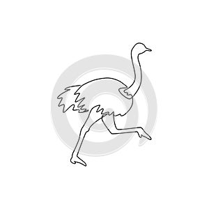 One single line drawing of giant running ostrich for logo identity. Flightless bird mascot concept for safari park icon. Modern